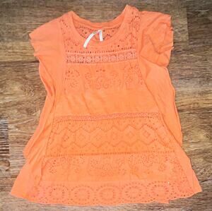 Anthropologie Peach Eyelet Embroidered Blouse Round Neck Flutter Sleeve